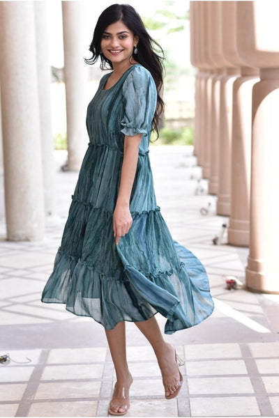 OCEAN GREEN TIERED FLARED MAXI DRESS